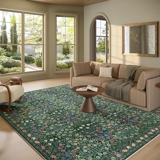 Floral Dark Green Area Rugs 8x10, Soft Washable Non-Slip Boho Forest Large Rug for Living Room, Bedroom, Farmhouse Dining Room & Office