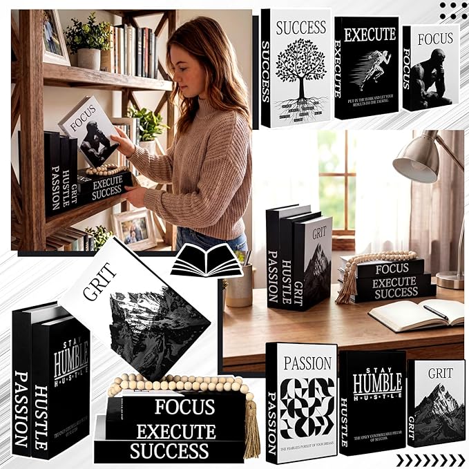 Menkxi 6 Motivational Decorative Books with Wood Bead Tassel Garland - Modern Faux Books for Office Desk, Bookshelf & Coffee Table Decor - Inspirational Aesthetic Black & White Fake Book Box Set