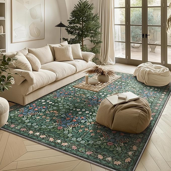 Floral Dark Green Area Rugs 5x7, Soft Washable Non-Slip Low Pile Boho Rugs for Living Room & Bedroom, Stain Resistant Forest Farmhouse Large Carpet for Dining Room & Office