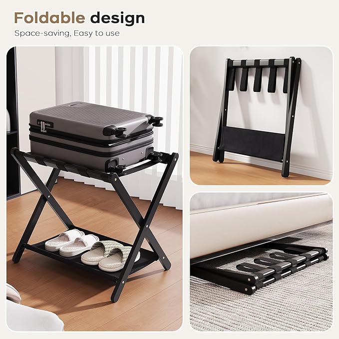 26.77" Full Assembled Luggage Rack for Guest Room, Set of 2 Bamboo Foldable Suitcase Stand, Bedroom & Hotel, Folding Luggage Holder with 5 Nylon Straps, 600D Oxford Fabric Shelf Black
