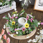 6 Pcs 9" Small Summer Wreath for Kitchen Cabinet Floral Candle Rings Wreaths Wildflower Wreath with Ribbon for Pillars Front Door Porch Wall Window Farmhouse Party Home Indoor Decor