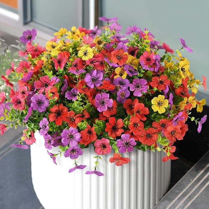 Artificial Flowers Faux Plants Outdoor Fake Flowers Spring Decor,12 Bundles Outdoor Flower Plastic Plant Colorful Daisy UV Resistant for Porch Patio Yard Garden Pot Planters