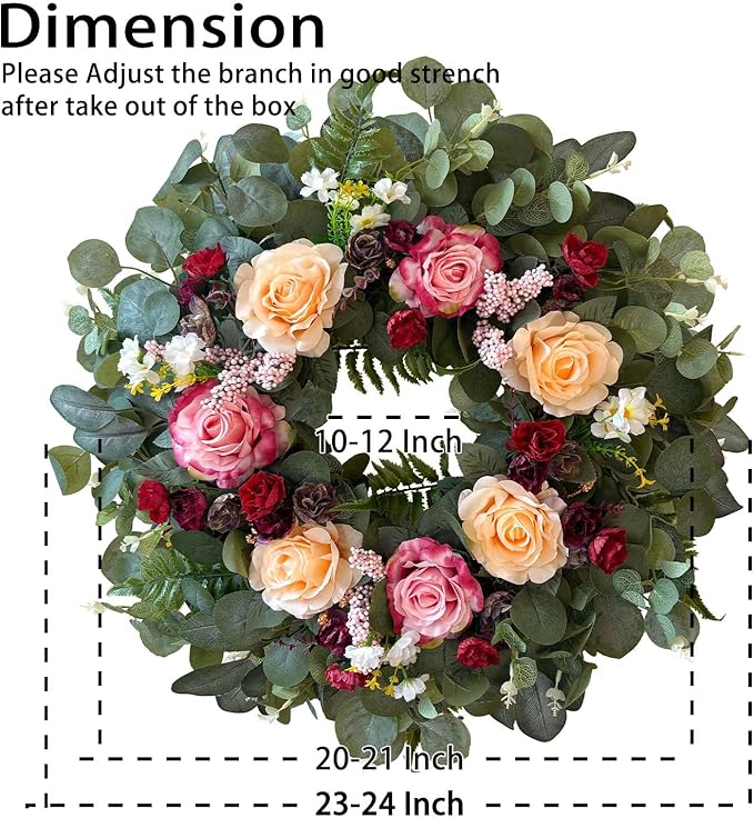 WANNA-CUL 24 Inch Spring Wreaths for Front Door,Spring Mothers Day Wreath Gifts Decorations with Pink,Champagne, Burgundy Rose and Eucalyptus Leaves for Valentines Day,Wedding or Indoor&Outdoor Decor