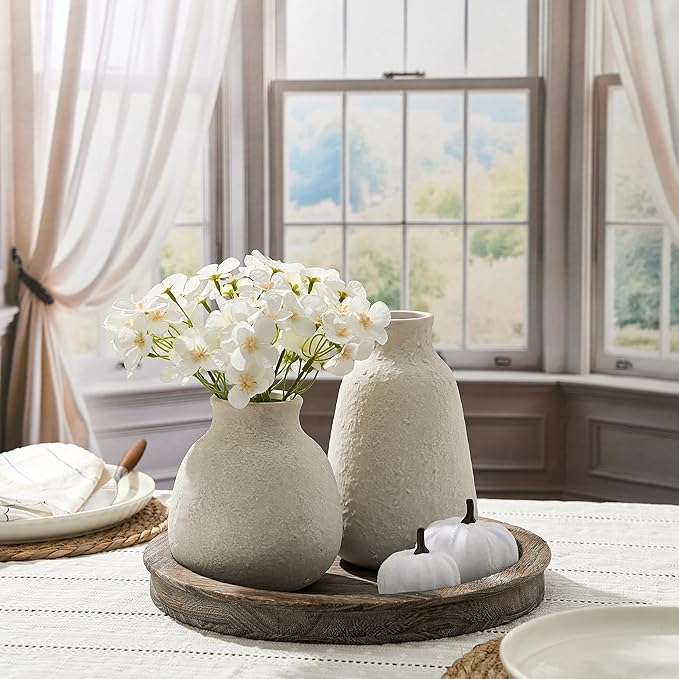 Ceramic Vase Set of 2 for Home Decor, 6.1"+8.23" Handcrafted Off-White Rustic Terracotta Vases, Vintage Farmhouse Decor, Minimalist Decorative Vases for Table Centerpiece Fireplace Nightstand
