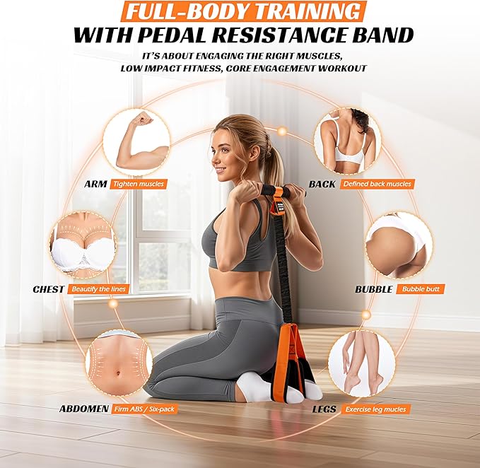 Multifunction Pedal Resistance Band with Handle, Upgraded Exercise Equipment with Soft Foot Pedal for Sit Up & Full-Body Home Gym Workouts, Core/ABS Training, Pilates, Yoga & Physical Therapy