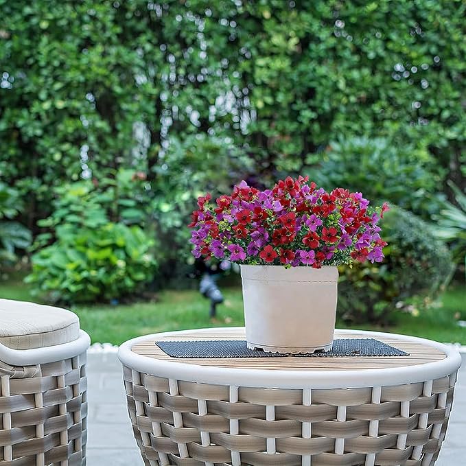 Artificial Faux Plants Flowers Outdoor Spring Summer Decoration, 12 Bundles Fake Silk Colorful Daisy Eucalyptus Realistic UV Resistant for Outside Home Planter Porch Patio Yard Decor (Red Purple)