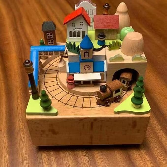 Natural Solid Wood Handcrafted Beech Wooden, Musical FigureTotoro/Carousel/Fairy/Ballerina Figurine,Rotating Hand Crank Mechanism Music Box,Musical Decorations (Bell Tower and Train)