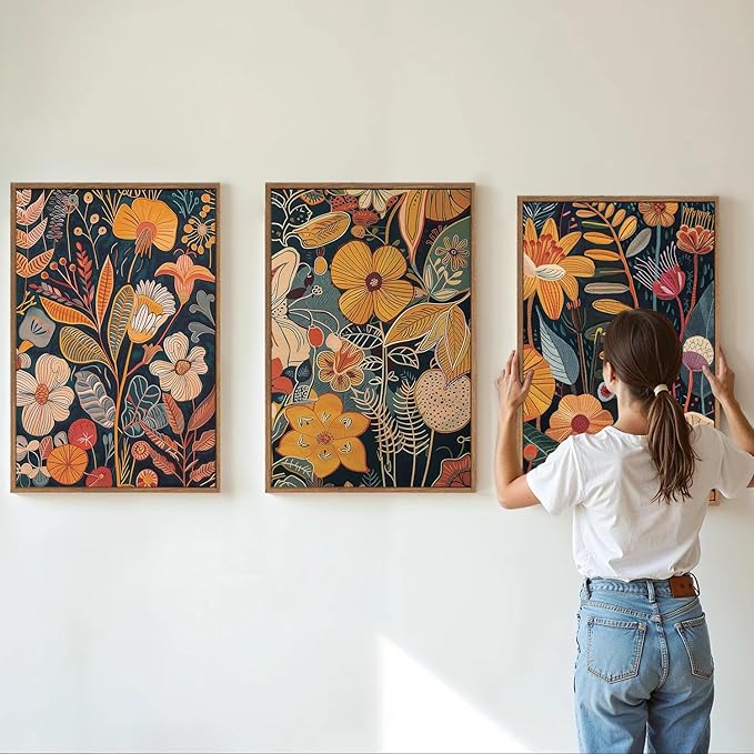 SIGNINART Orange Floral Framed Canvas Wall Art Set of 3, Mid Century Modern Flower Wall Decor, Neutral Plant Artwork, Boho Botanical Art Prints for Bedroom Living Room Office 24"x36"x3