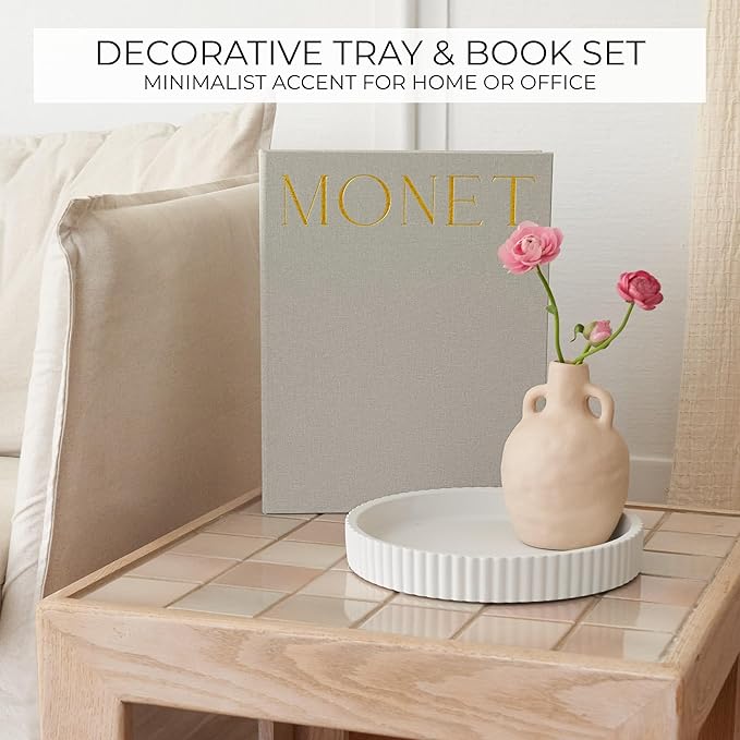 Decorative Concrete Tray & Book Decor Set - Scalloped Tray & Linen Box Enhance Your Coffee Table or Bookshelf Decor - Stylish Home Decoration for Your Living or Dining Room & as a Housewarming Gift