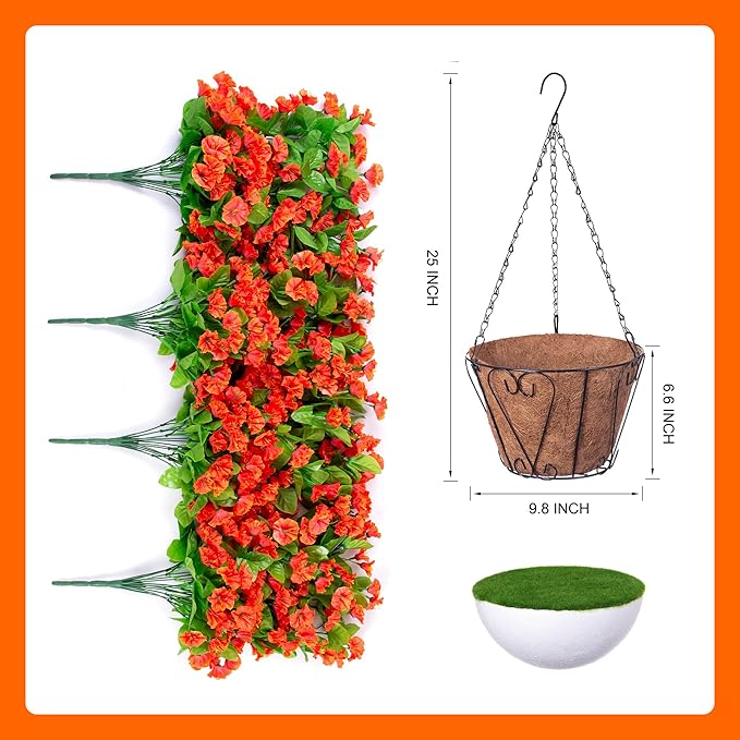 Artificial Faux Hanging Flowers Basket for Fall Outdoor Porch Decor, Fake Silk Colorful Morning Glory Eucalyptus in Planter UV Resistant Look Real for Home Balcony Yard(Orange)