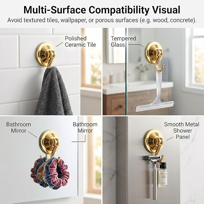 Powerful Suction Cup Hooks, Lightweight Vacuum Wreath Hanger for Glass Door & Window, 20 lbs Large Waterproof Towel Hooks for Bathroom Shower, Removable No-Drill Utility Hooks, Gold Chrome