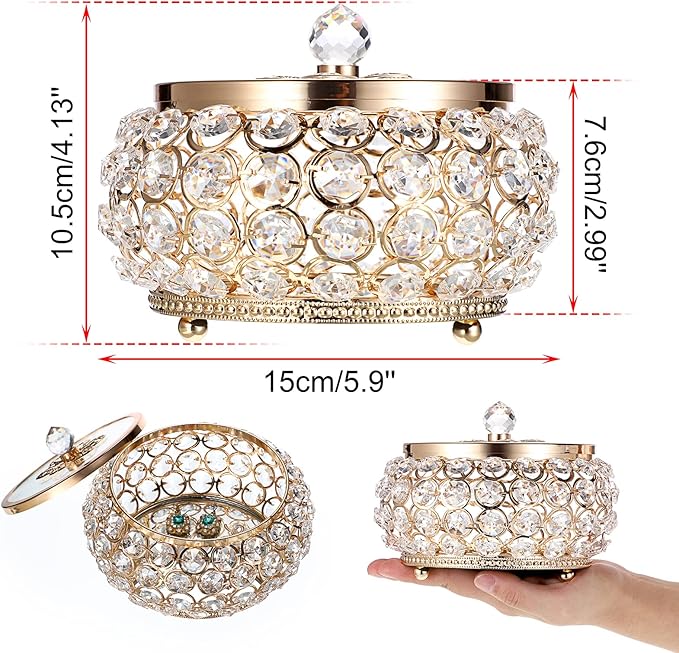 Hipiwe Crystal Jewelry Trinket Box with Glass Lid Large Gold Mirrored Treasure Box Decorative Jewelry Box Ring Earrings Necklace Storage Keepsake Box Gift for Women