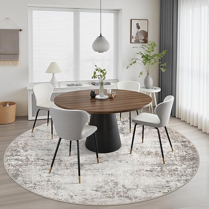 Round Area Rug for Living Room: 6 ft Washable Modern Abstract Soft Thin Rug Indoor Floor No Slip Stain Resistant Carpet for Bedroom Dining Room Farmhouse Nursery Home Office - Brown Grey