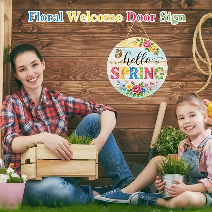 PETCEE Hello Spring Door Sign - 11.5" Colorful Flowers Welcome Wreath for Front Door Spring Decorations Farmhouse Porch Decor Rustic Round Wreath Sign Hanging Wall Plaque Easter Home Outdoor Decor