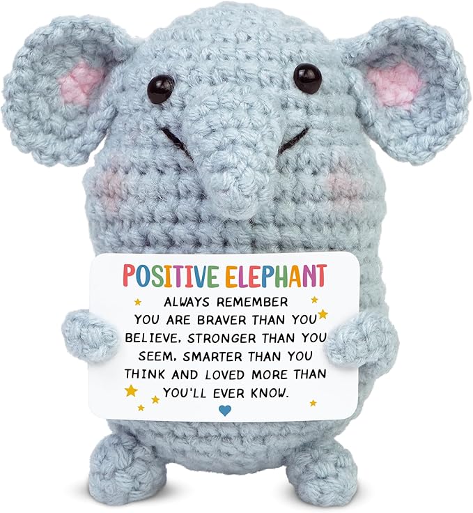 OASSIE Thank You Gifts for Women - Mini Positive Crochet Animals Elephant - Inspirational Birthday Preschool Kindergarten Graduation Gifts Trendy Stuff for Teen Boys Girls Kids Friend Daughter Sister