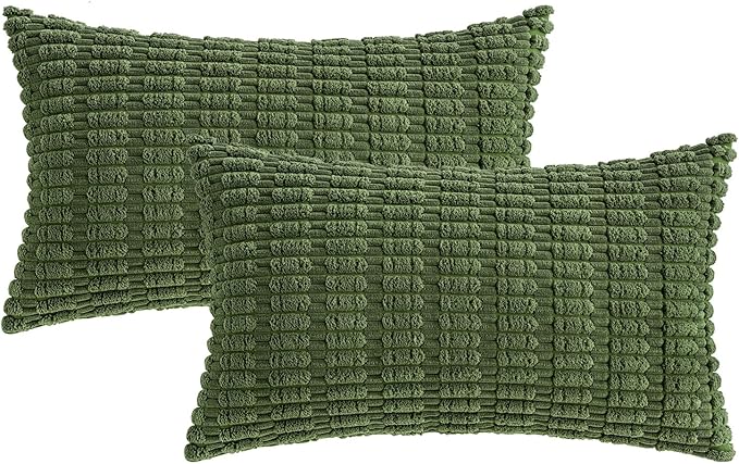 MIULEE Pack of 2 Spring Corduroy Decorative Lumbar Throw Pillow Covers 20x12 Inch Soft Boho Striped Pillow Covers Modern Farmhouse Home Decor for Summer Sofa Living Room Couch Bed Moss Green