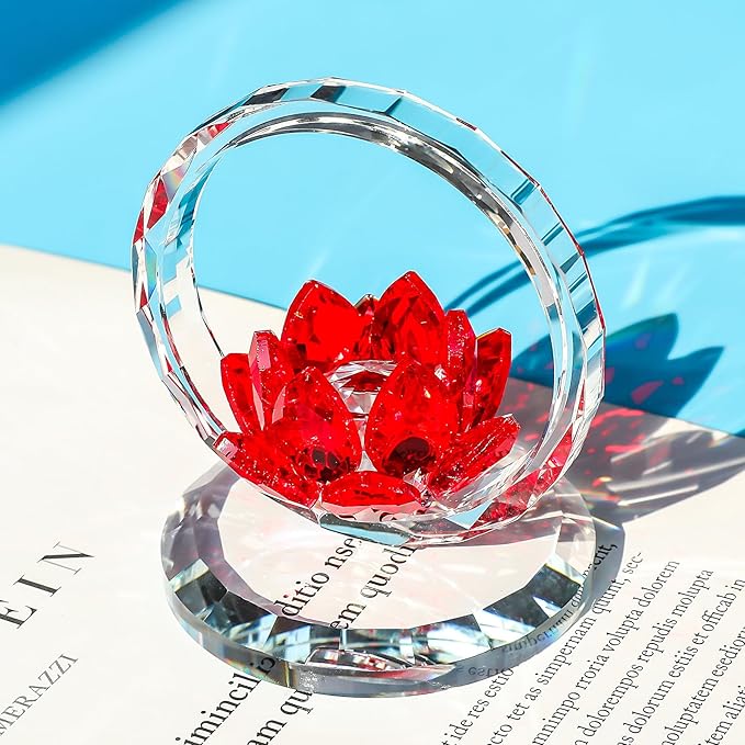 LONGWIN Crystal Lotus Flower Basket Figurine Collectible Glass Flowers Art Decor Reflection Feng Shui Decorative Ornaments for Living Room Bedroom Office Red