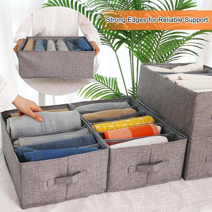 Fixwal 4pcs Wardrobe Clothes Organizer with Board Closet Organizers and Storage 6 Grids Divider Organizers Compartment Storage Bins for Jeans T-shirt Pants Legging