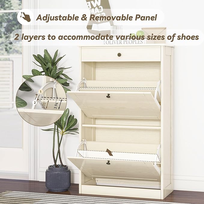 Shoe Cabinet with 2 Flip Drawers, Slim Freestanding Hidden Shoe Organizer with Drawer, Pet-Proof Shoe Storage Cabinet for Entryway Living Room Behind The Door, Light Oak