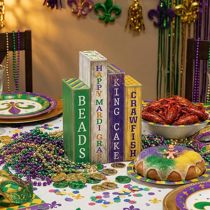 Lineshading 4 Pcs Mardi Gras Table Decor Rustic Wooden Book Sign Carnival Tiered Tray Decor Farmhouse Tabletop Sign Centerpieces for Mardi Gras Carnival Home Shelf Decoration