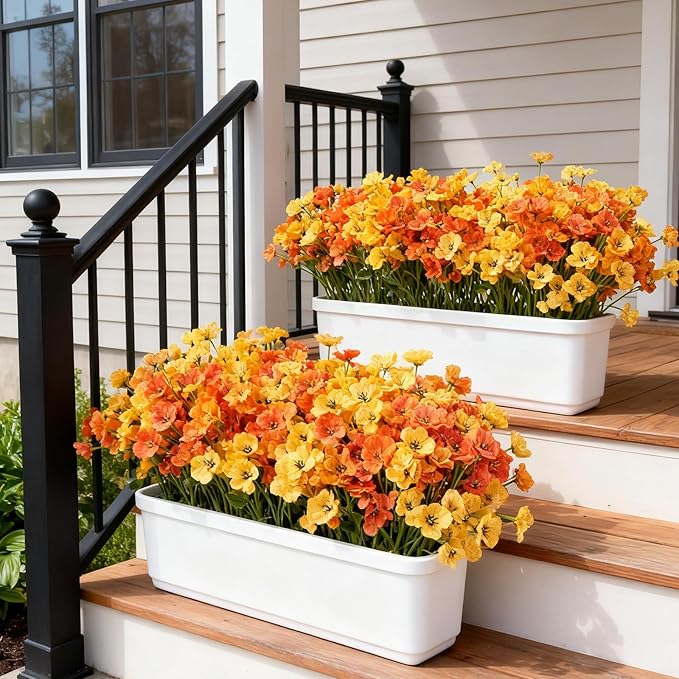 Artificial Fall Flowers for Outdoor Faux Plants for Spring Summer Decoration, UV Resistant Realistic Silk Plastic Fake Autumn Fall Flowers Garden Porch Patio Balcony Yard Front Home Decor, 24 Bundles