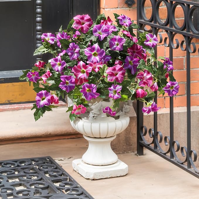 HyeFlora Artificial Flowers for Outdoors 2PCS Spring Faux Morning Glory Look Real Silk Flowers for Outside Planter UV Resistant Fake Flowers for Home Garden Balcony Yard Porch Deco
