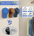 KIMBORA 2 Packs Hat Rack for Wall, Hat Organizer for Baseball Caps, 3 Mounting Options Cap Hook Hanger, Strong Snapback Holder Storage Display for Door, Room, Closet (White)