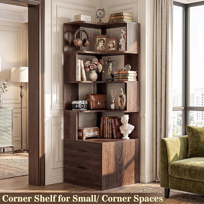 Armocity Corner Bookshelf with Drawers, 7 Tier Corner Book Shelf Display Bookcase, Freestanding L Shaped Bookshelf for Bedroom, Living Room, Home Office, Black Walnut