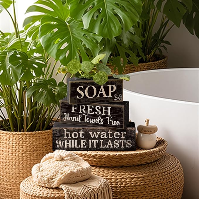 Lineshading 4 Pcs Bathroom Shelf Decor Sign Farmhouse Bathroom Decor and Accessories Rustic Eucalyptus Leaves Block Sign Soap Fresh Hand Towel Free Table Centerpiece for Home Toilet Hotel Campsite