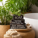 Lineshading 4 Pcs Bathroom Shelf Decor Sign Farmhouse Bathroom Decor and Accessories Rustic Eucalyptus Leaves Block Sign Soap Fresh Hand Towel Free Table Centerpiece for Home Toilet Hotel Campsite