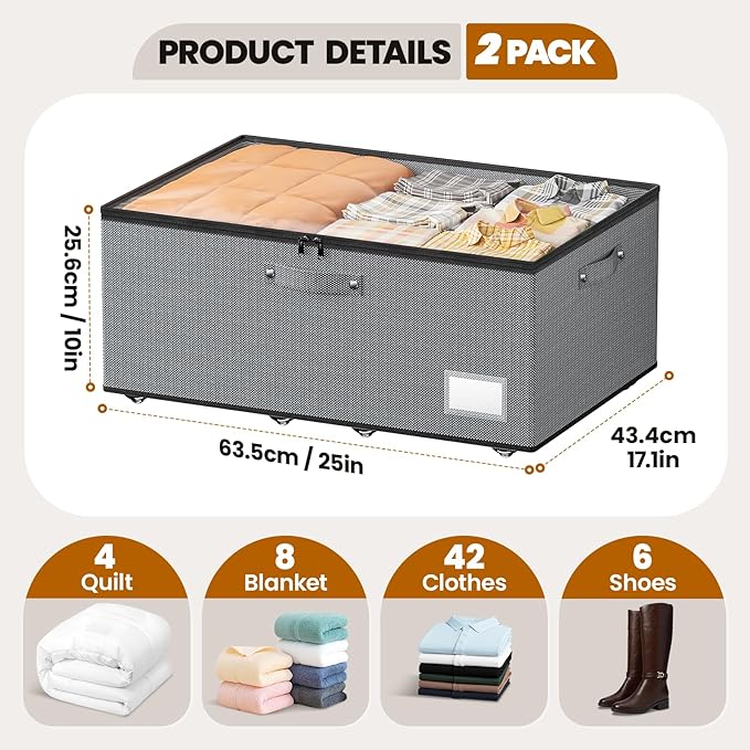 Dayacoco Underbed Storage with Wheels, 2 Pack Under Bed Storage Containers with Clear Lids, No Assembly Required 10.1 inch Rolling Under Bed Storage for Clothes, Grey
