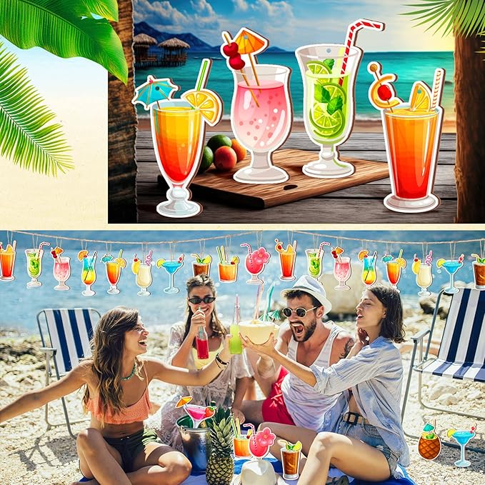 Geelin 36 Pcs Summer Wood Hanging Ornaments for Tree Mini Tree Decorations Hawaiian Beach Wooden Pendant Decorations with String for Luau Party Supplies(Cocktail)