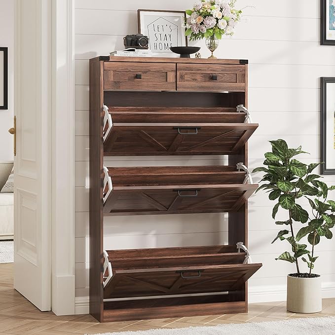 Shoe Cabinet with 3 Flip Drawers & 2 Drawers,Freestanding Shoe Storage Cabinet for Entryway,Farmhouse Narrow Slim Organizer Rack for Foyer,Hallway,Dark Walnut