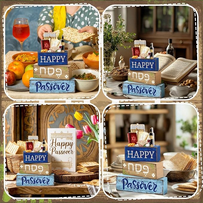 Lineshading 4 Pcs Happy Passover Table Decorations Wooden Menorah Table Centerpieces Pesach Jewish Holiday Party Passover Seder Meal Tabletop Topper Mantel Shelf Decor