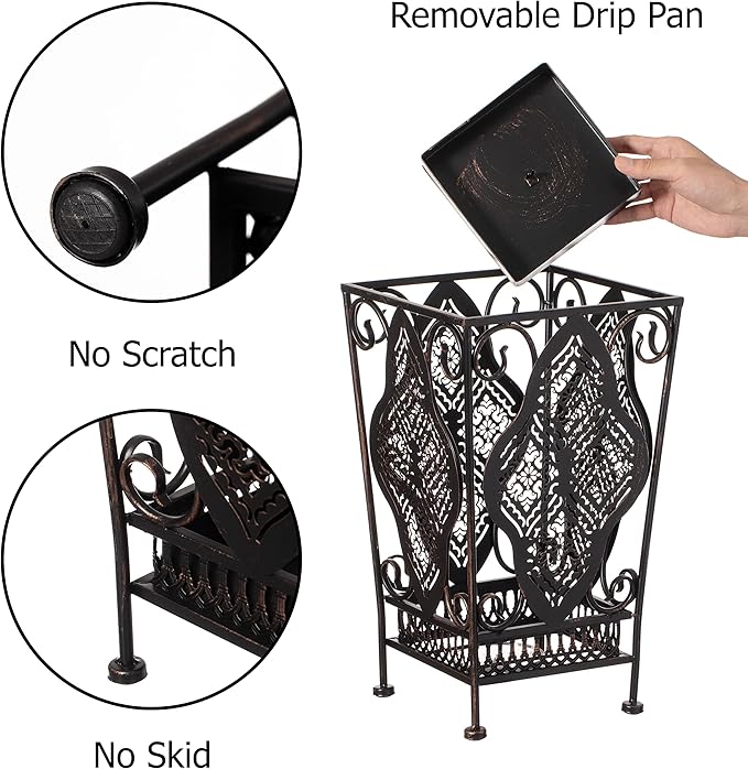 Dualplex Umbrella Holder Umbrella Stand Rack Metal Entry Hallway Décor w/Removable Drip Tray for Home Office Holds Umbrellas Canes Walking Sticks 16" Tall (Square, Antique)