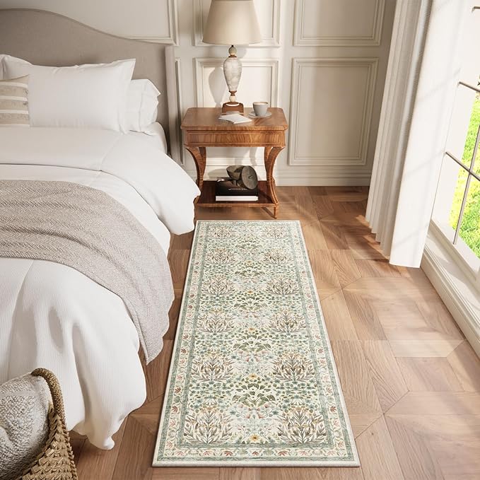 Non-Slip Washable Runner Rug 2x6, Beige & Blue Vintage Design for Hallway, Kitchen, Laundry Room & Bathroom