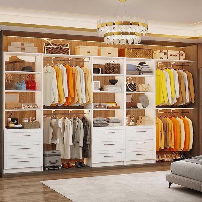 Closet System with 9 Drawers, 11.5-18FT Closet Organizer System with Cuttable Shelves for Walk in Closet with 9 Expandable Hanging Rods, Heavy Duty Built-in Closet for Bedroom, White(3 Sets)