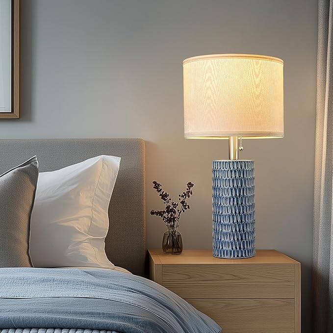 Reaketon Table Lamps for Living Room Set of 2, Ceramic Table Lamps for Bedroom, 20" Modern Lamps for Night Stands, Dark Blue
