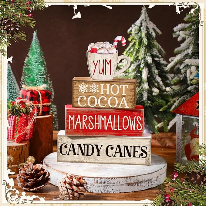 Moucuny 4 Pcs Wooden Christmas Tabletop Decor Hot Cocoa Tiered Tray Decor Rustic Wood Hot Cocoa Block Sign Gift Merry Christmas Centerpiece Farmhouse Winter Table Decoration