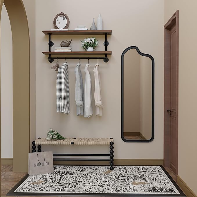 Clothes Rack 42in, Wall Mounted Garment Rack with Real Walnut Wood Shelf, Heavy Duty Hanging Clothes Rack, Multi-Purpose Hanging Rod, Space-Saving Closet Storage