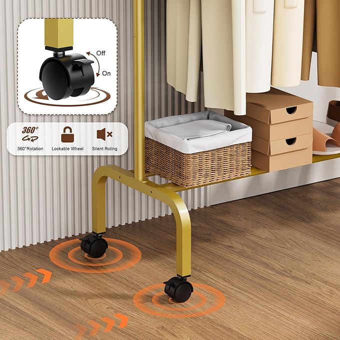 Rolling Clothing Racks for Hanging Clothes, Garment Rack for Clothes to Hang, Metal Portable Wardrobe Rack for Coats, Jackets, Shirts, Dress,Gold