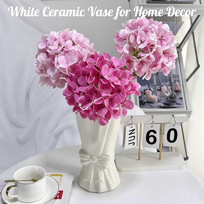 White Flower Vase for Home Decor, White Ceramic Vases for Boho Style, Bow Decor, 9.3 Inch Flower Vases for Bouquet, Large Vase for Ideal Shelf Decor/Table. (Large)