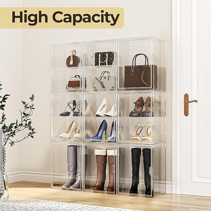 15.75''x11.81''x9.84'' XX-Large Clear Shoe Storage Boxes with Divider, Stackable Plastic Boot Boxes with Magnetic Door, Acrylic display case Box with Lids for Sneaker Purses Handbags Books (1)