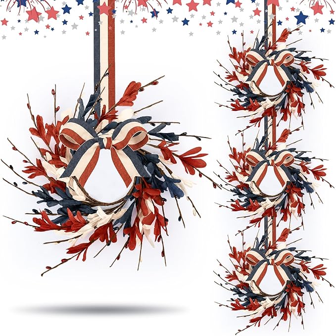 4 PCS Mini 4th of July Patriotic Kitchen Cabinet Wreaths Small Red White and Blue Floral Swag Wreath for Front Door with Forsythia Flowers Independence Day Hanging Wreaths for Memorial Day Porch Wall