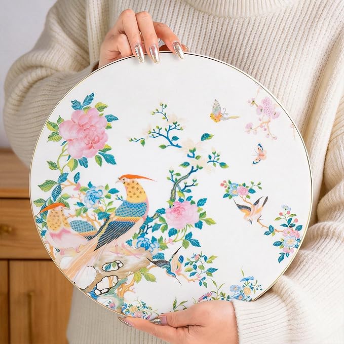 KAMMAK Ceramic Decorative Plate, Porcelain Plates for Kitchen Dining Room Wine Cabinet Home Decor, Vintage Collector Plates with 1 Display Stand, Circular Square - Peony