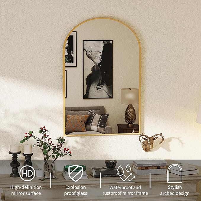 DUMOS Gold Metal Arch Vanity Rounded Rectangle Bathroom Mirrors for Over Sink Wall, 24x37 Inch Large Matte Mirror, Modern Decorative for Restroom, Farmhouse