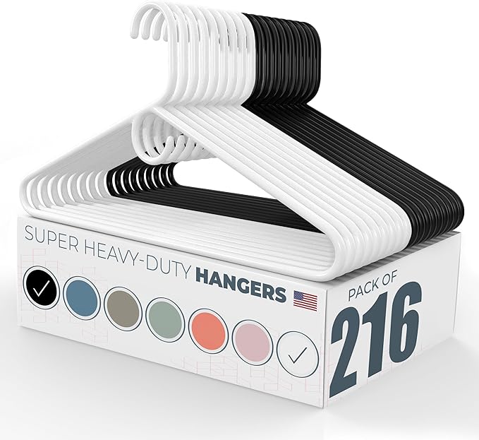 Neaties Super Heavy Duty Clothes Hangers 100+ Pack (216 Count) – Made in the USA - 10lb Capacity, Thick Plastic Hangers for Pants, Coats, Jackets, Jeans and Adult Clothing – White & Black