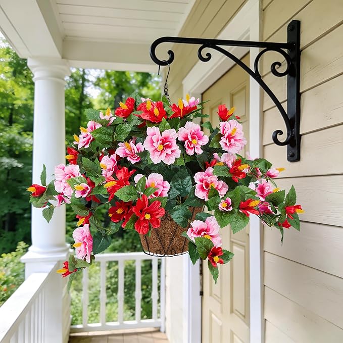 Artificial Flowers for Outdoors Indoors,3 Bunches Fake Hibiscus with Hanging Basket Foam Realistic UV Resistant Silk Flower Leaves,Faux Plant for Outside Home Patio Garden Poch Decor(Red,Pink)