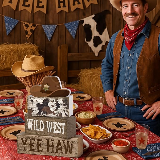 Yuntau 4 Pcs Western Tiered Tray Decorations Set Cowboy Hat Stack Block Signs Desert Farmhouse Rustic Tabletop Tiered Tray Decor for Table Shelf Home Office