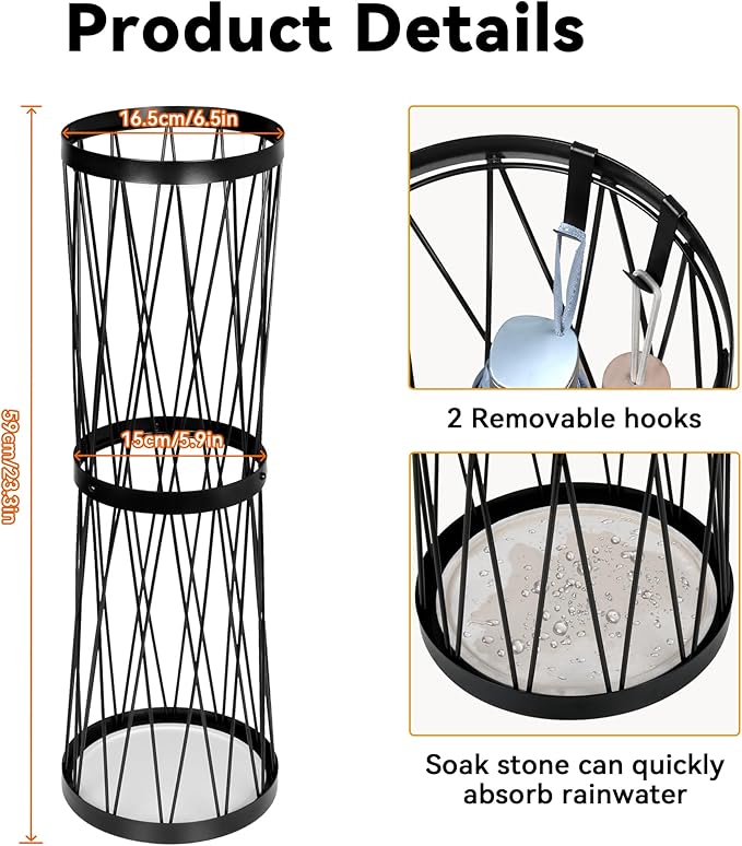 Invech 23 Inch Metal Umbrella Holder with Soak Stone and Hooks, Umbrella Stand for Entryway Indoor Outdoor, Umbrella Rack Storage for Home, Office, Hotel